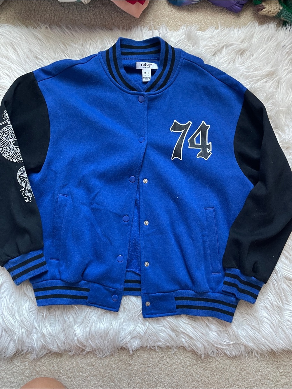 refuge Royal Blue and Black Varsity Jacket with '74' Chest Patch